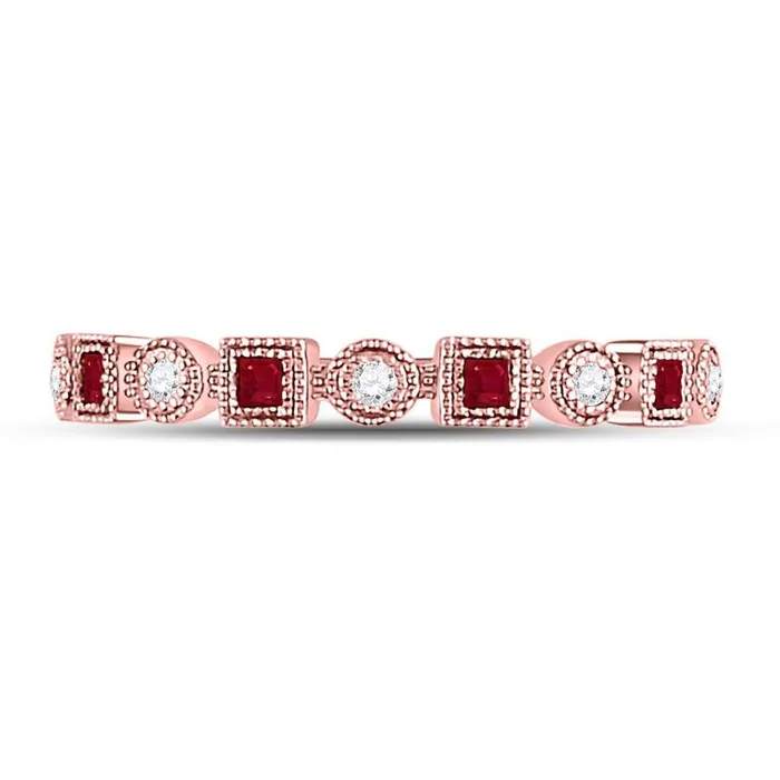 gndatlanta Rings 10k Rose Gold Princess Ruby Diamond Square Dot Milgrain Stackable Band Ring 18 Cttw
