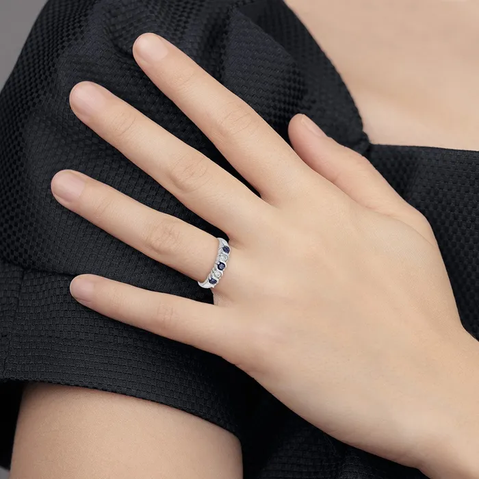 Goldiacom 14k White Gold Real Diamond wSapphire Band Rings