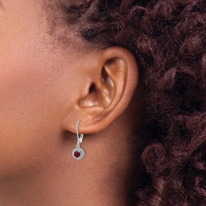 Goldia Earrings Sterling Silver Rhodium Plated Lab Created Ruby and Diamond Halo Dangle Leverback Earrings