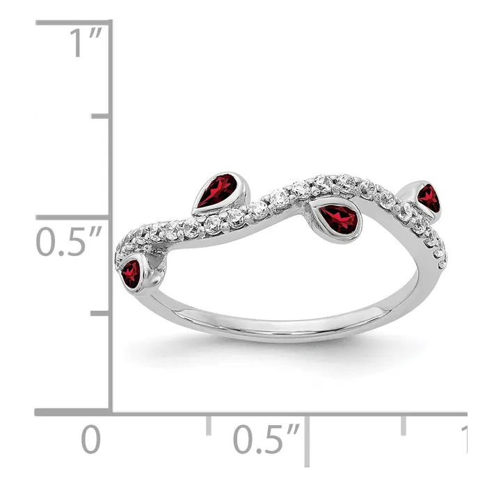 Goldia Solid 14k White Gold Simulated CZ and Pear Garnet Curved Ring Rings