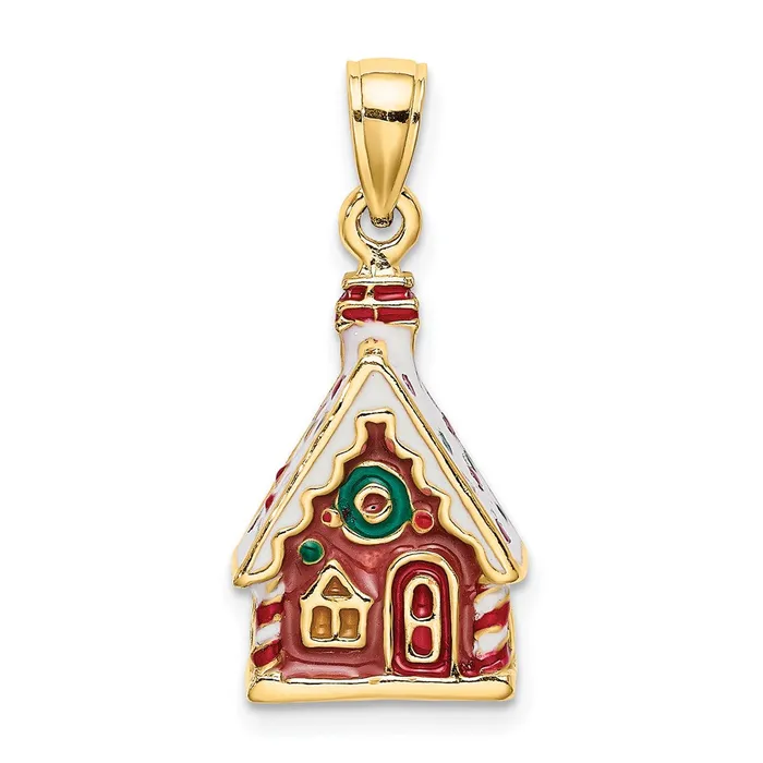 Charm Necklaces TreasureFineJewelers 14k Yellow Gold 3D Enamel Gingerbread House Charm