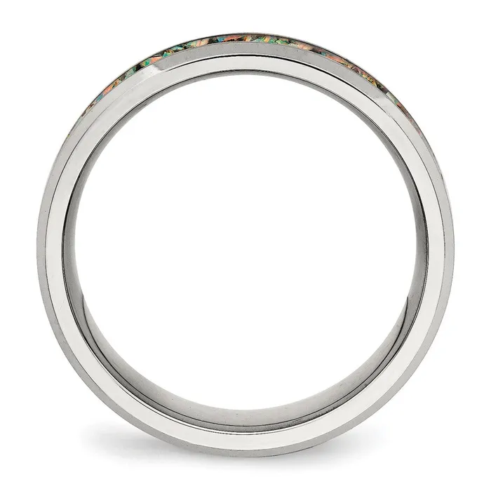 Rings TreasureFineJewelers Stainless Steel Polished with Imitation Opal Inlay 8mm Band