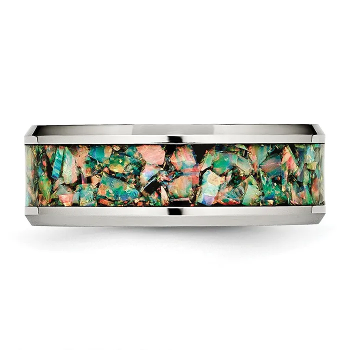 Rings TreasureFineJewelers Stainless Steel Polished with Imitation Opal Inlay 8mm Band