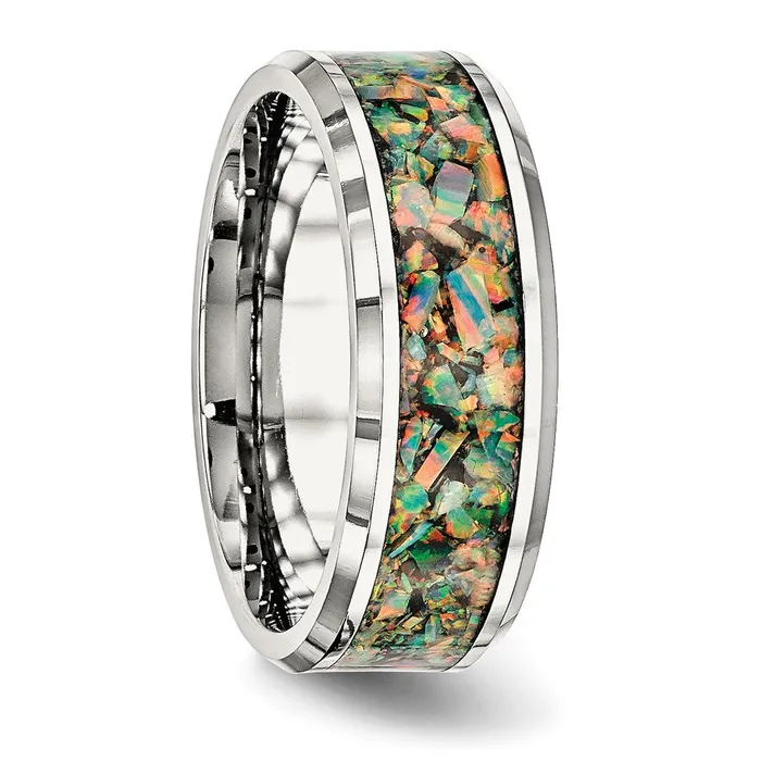 Rings TreasureFineJewelers Stainless Steel Polished with Imitation Opal Inlay 8mm Band