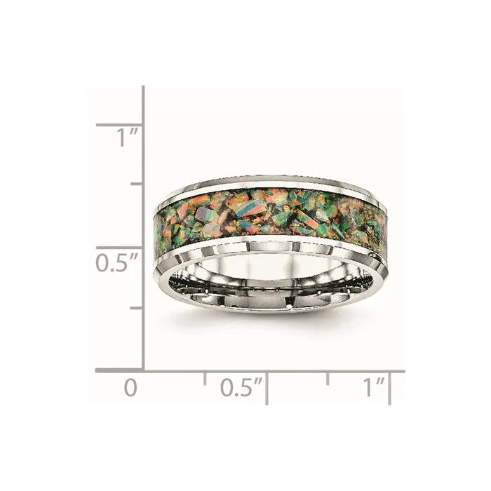 Rings TreasureFineJewelers Stainless Steel Polished with Imitation Opal Inlay 8mm Band