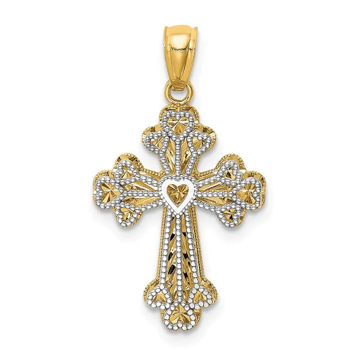 TreasureFineJewelers Necklaces 14K Twotone Polished Filigree 2 Level Heart Cross Pendant