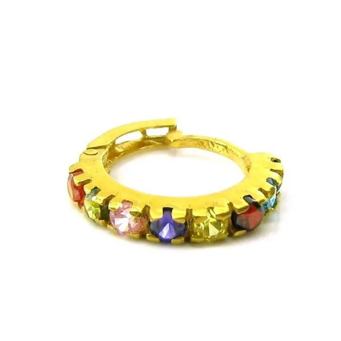 Karizma Jewels Rings Fascinating Solid Casting Multicolor CZ Piercing Nose Hinged Hoop Ring 14k Yellow Gold