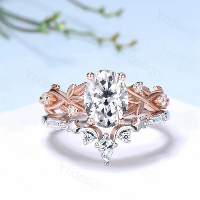PENFINE Rings 15CT Oval Moissanite Engagement Ring Set Nature Inspired Moissanite Wedding Set Unique Moon Star Stacking Matching Band Anniversary Gift