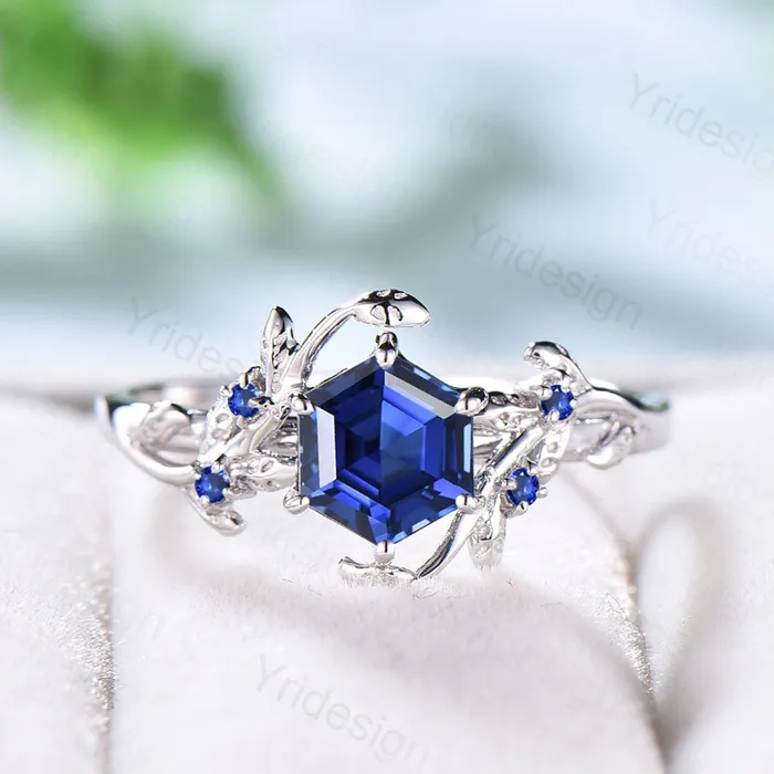 PENFINE Rings Elegant Hexagon Cut Sapphire Ring White Gold Vintage Unique Blue Sapphire Engagement Ring Branch September birthstone Wedding Ring Women
