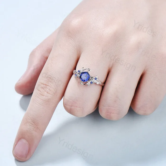 PENFINE Rings Elegant Hexagon Cut Sapphire Ring White Gold Vintage Unique Blue Sapphire Engagement Ring Branch September birthstone Wedding Ring Women PENFINE Rings Elegant Hexagon Cut Sapphire Ring White Gold Vintage Unique Blue Sapphire Engagement Ring Branch September birthstone Wedding Ring Women