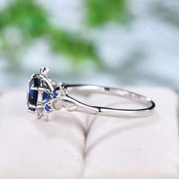PENFINE Rings Elegant Hexagon Cut Sapphire Ring White Gold Vintage Unique Blue Sapphire Engagement Ring Branch September birthstone Wedding Ring Women PENFINE Rings Elegant Hexagon Cut Sapphire Ring White Gold Vintage Unique Blue Sapphire Engagement Ring Branch September birthstone Wedding Ring Women