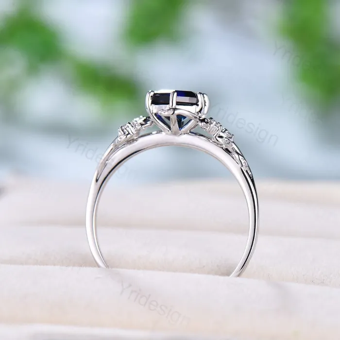 PENFINE Rings Elegant Hexagon Cut Sapphire Ring White Gold Vintage Unique Blue Sapphire Engagement Ring Branch September birthstone Wedding Ring Women PENFINE Rings Elegant Hexagon Cut Sapphire Ring White Gold Vintage Unique Blue Sapphire Engagement Ring Branch September birthstone Wedding Ring Women