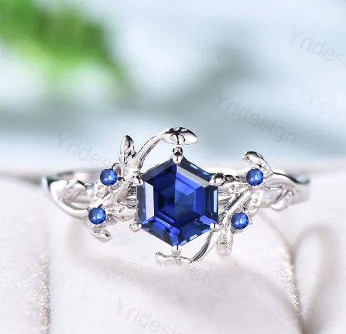 PENFINE Rings Elegant Hexagon Cut Sapphire Ring White Gold Vintage Unique Blue Sapphire Engagement Ring Branch September birthstone Wedding Ring Women PENFINE Rings Elegant Hexagon Cut Sapphire Ring White Gold Vintage Unique Blue Sapphire Engagement Ring Branch September birthstone Wedding Ring Women