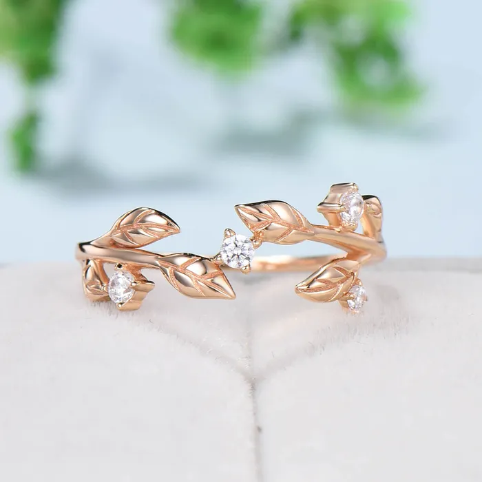 PENFINE Rings Nature inspired wedding band vintage moissanite diamond wedding band gold twisted leaf matching band for women stacking anniversary gift