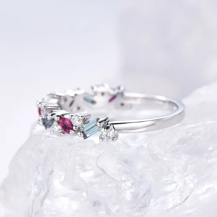 PENFINE Rings Vintage Alexandrite Ruby Eternity Wedding Band Women Unique Baguette Alexandrite Stackable Ring Marquise Ruby Matching Band Anniversary Gift