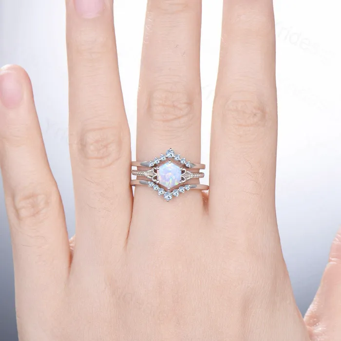 PENFINE Rings Vintage Opal Ring Set 3pcs Unique Hexagon October Birthstone Engagement Ring White Gold Milgrain Celtic Aquamarine Bridal Ring Set For Women