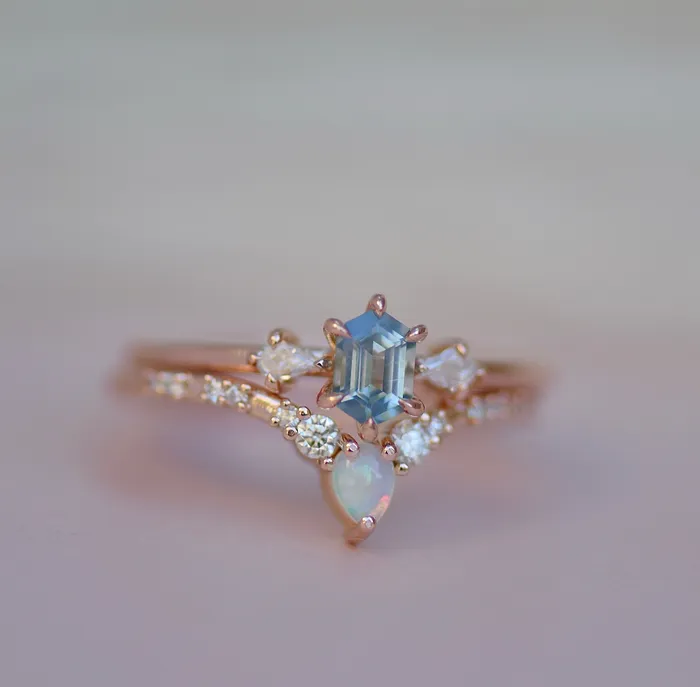 Cluster Hexagon Light Blue Sapphire Ring And Opal Diamond Band 14K Gold Albrecht Jewellery Rings