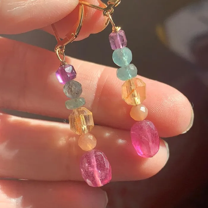 Love Vintage Paris Earrings Rainbow Gemstone Earrings Gold Filled Handmade