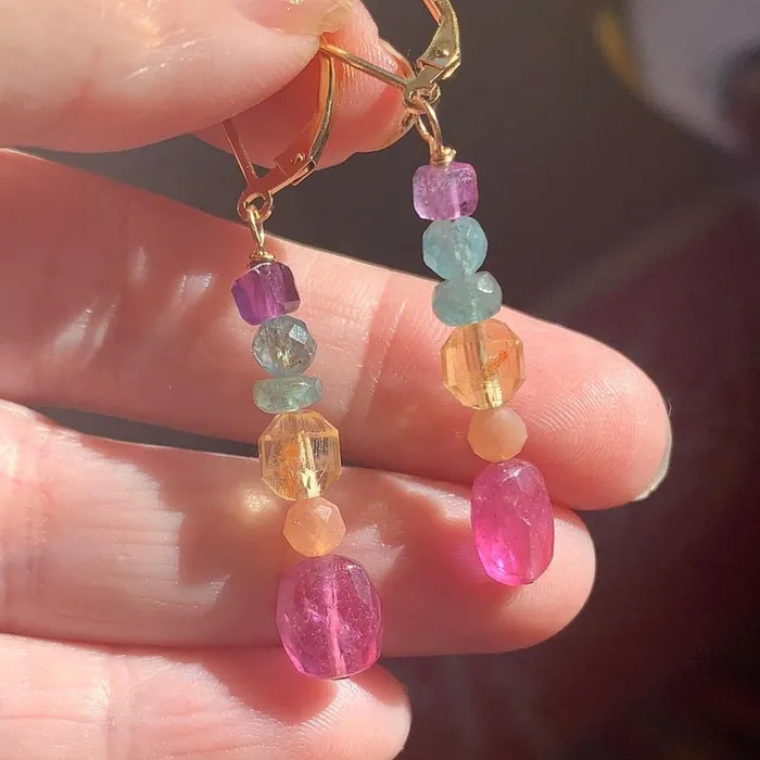 Love Vintage Paris Earrings Rainbow Gemstone Earrings Gold Filled Handmade