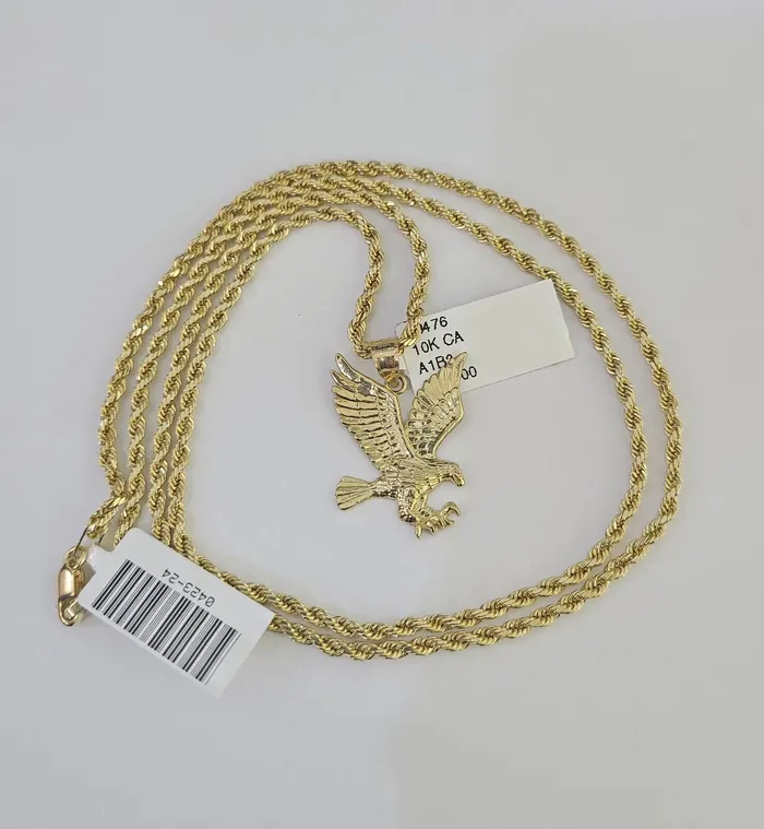 10k 25mm Rope Chain Eagle Pendant 1830 Yellow Gold Set Charm Necklace Gold and Diamond Necklaces