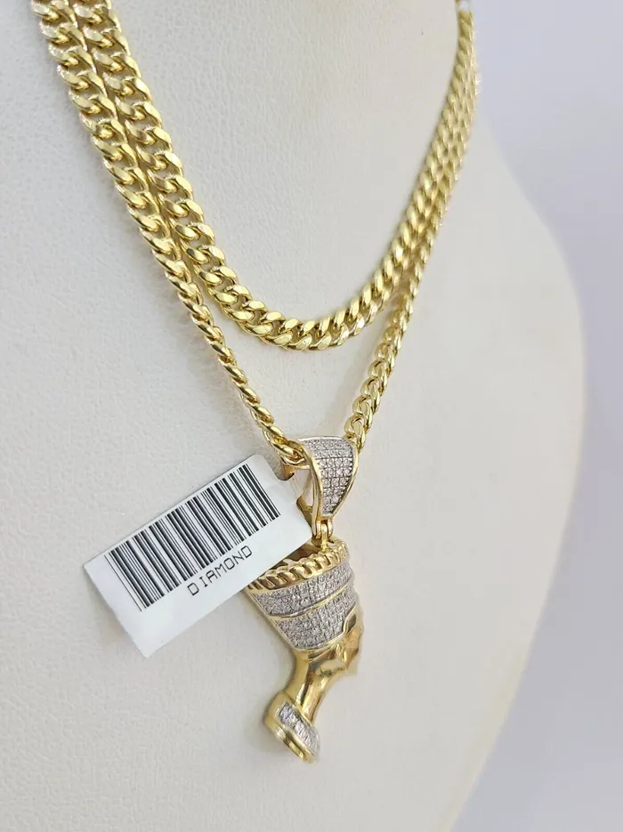 10k Miami Cuban Chain Diamond Egypt Queen Charm Set 4mm 1828 Necklace Gold Gold and Diamond Necklaces