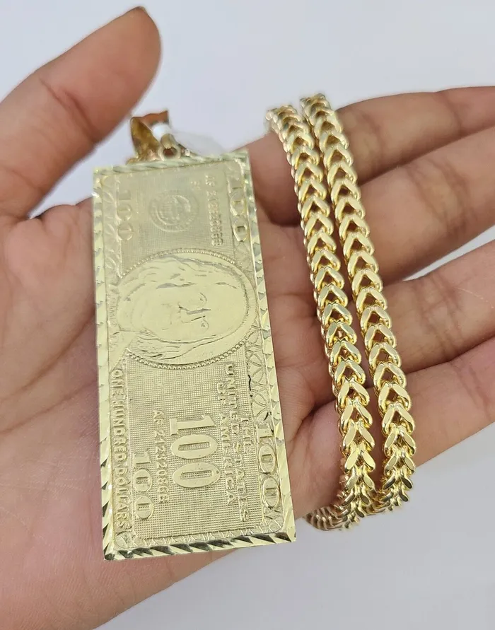 Gold and Diamond Necklaces 10K Franco Chain 100 Money Dollar Pendant Charm Necklace 2026 5mm Gold SET