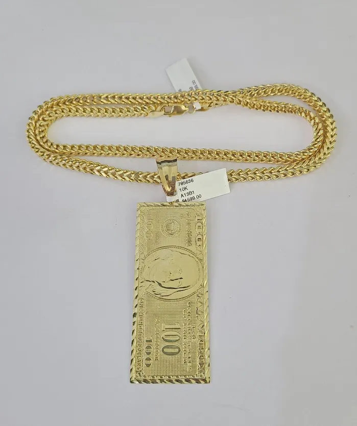 Gold and Diamond Necklaces 10K Franco Chain 100 Money Dollar Pendant Charm Necklace 2026 5mm Gold SET