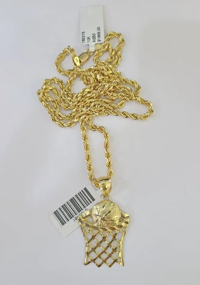 Gold and Diamond Necklaces 10k Gold Basketball Goal Pendant Rope Chain 3mm 18 Necklace Set Yellow Genuine