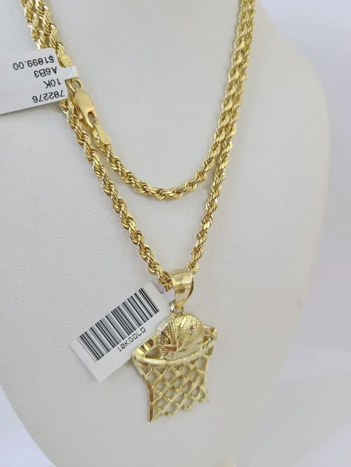 Gold and Diamond Necklaces 10k Gold Basketball Goal Pendant Rope Chain 3mm 18 Necklace Set Yellow Genuine