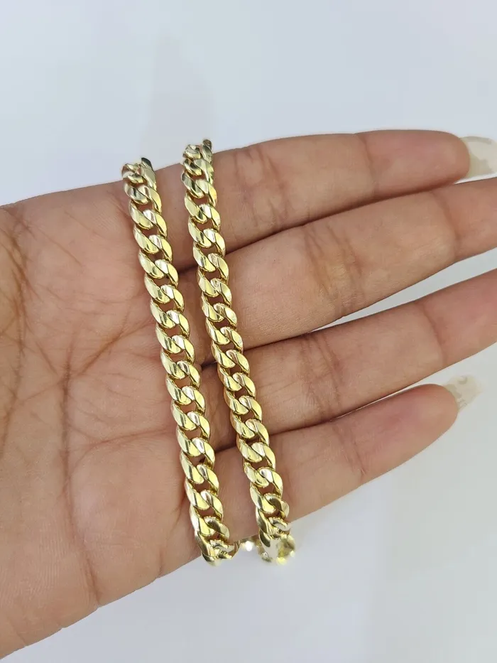 Gold and Diamond Necklaces Real 14K Yellow Gold Chain Miami Cuban Link Necklace 18 inch Choker Ladies 6mm Hollow