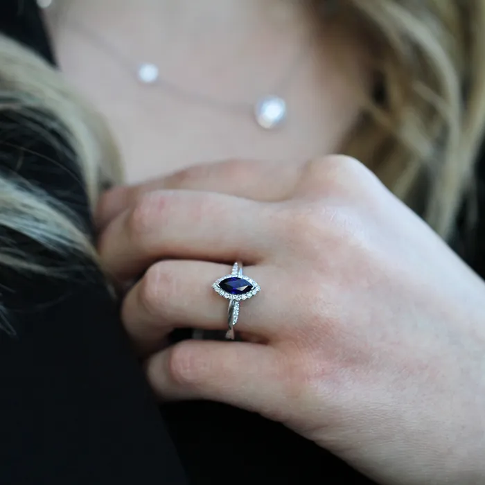 Independent Jewellers Rings 14kt White Gold Marquise LabGrown Sapphire And Diamond Ring
