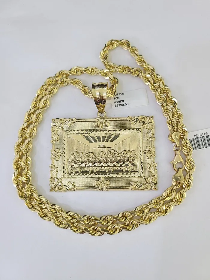 Necklaces Globalwatches10 Real 10k Solid Rope Chain Last Supper Charm Set 6mm 2030 Inch Necklace Gold