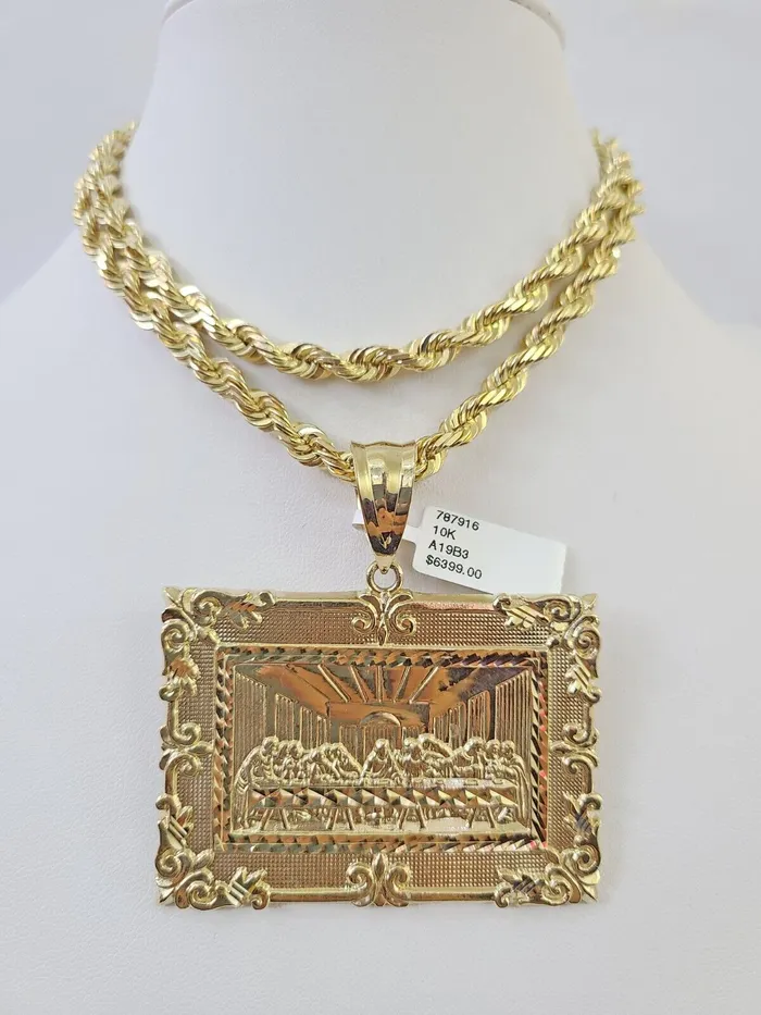 Necklaces Globalwatches10 Real 10k Solid Rope Chain Last Supper Charm Set 6mm 2030 Inch Necklace Gold