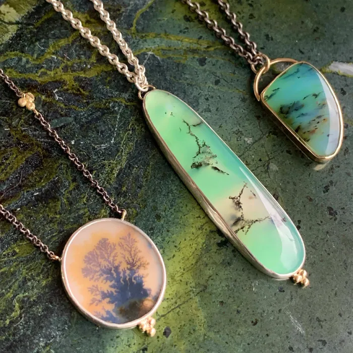 Dendritic Agate necklace in sterling silver with gold beads Emily Amey Jewelry Necklaces