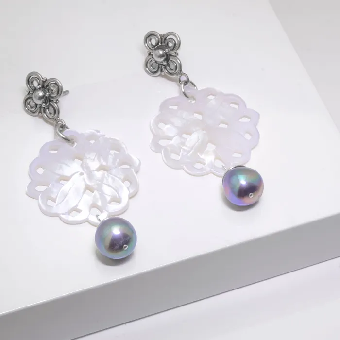 Elisa Ilana Earrings The Goddess Collection Carved Mother of Pearl with Peacock Freshwater Pearls Dangle Earrings