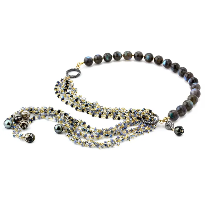 Elisa Ilana Necklaces Tahitian Pearl Labradorite and Sapphire Necklace