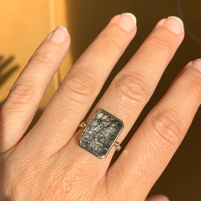 Emerald Cut Tourmalinated Quartz ring in 14k and sterling silver Emily Amey Jewelry Rings