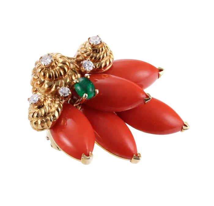 Not Signed Earrings 1970s Coral Emerald Diamond Gold Earrings Brooch Set
